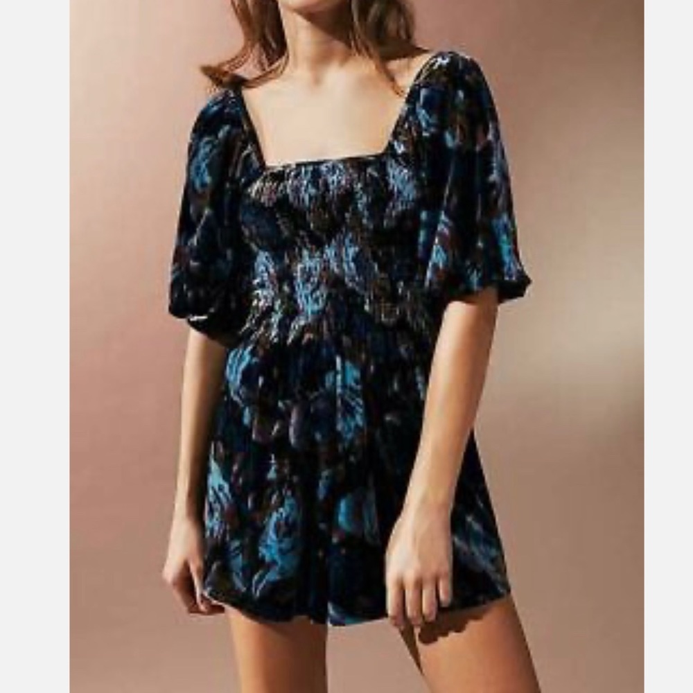 Urban Outfitters Velvet Floral Smocked Square Neck Pull On Romper